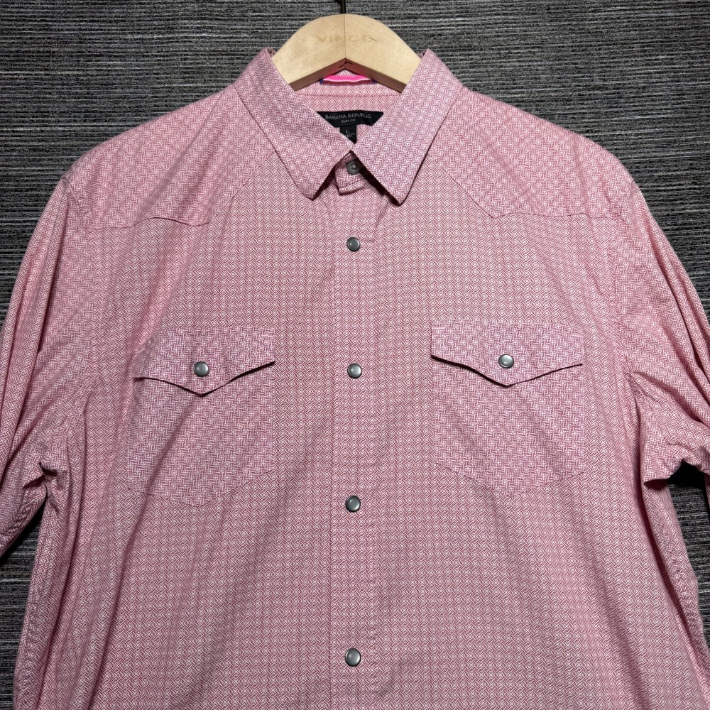 Banana Republic Shirt Mens Large Red Geometric LS Western Slim Fit Snap Front
